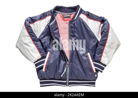 Childrens jacket for spring and autumn. Stylish blue white warm down jacket for kids isolated on a white background. Clipping path. Trendy fashion for Stock Photo