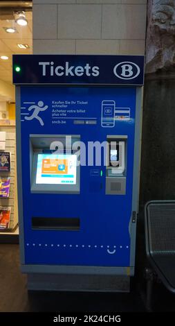 Aachen, Germany - January 03, 2022: Train ticket vending machines of the german railroad at Aachen, Germany - January 03, 2022 Stock Photo