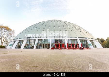 Porto, Portugal - October 23, 2020: facade and street atmosphere of the Super Bock Arena pavilion Rosa Mota, a large performance hall in the city on a Stock Photo