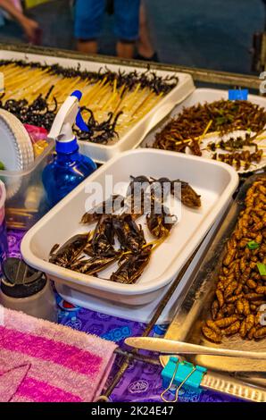 Bangkok Thailand 22. Mai 2018 Disgusting Thai food and sale of insects for eating consumption at Khaosan Khao San Kaosan Road in Bangkok Thailand. Stock Photo