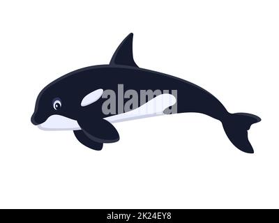 Cartoon killer whale. Vector illustration of funny cute cartoon swimming killer whale isolated on white. Flat design. Stock Vector