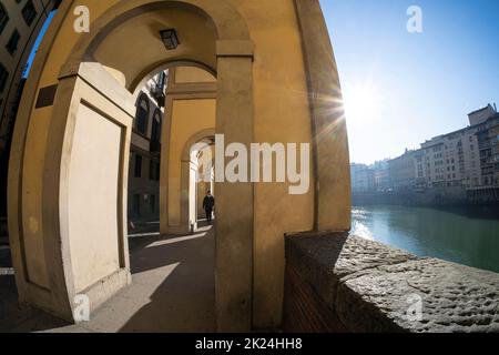 Florence, Italy. January 2022.  fisheye view of the arcades on the Lungarno riverside in the historic center of the city Stock Photo