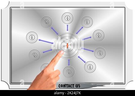 Hand touching contact us button Stock Photo