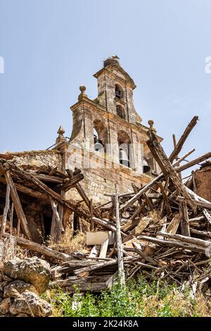 Storks on the Church of Santa Maria in Maderuelo in the Segovia province Castile Leon Spain Stock Photo