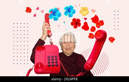 Art collage about happy senior woman talking by vintage phone. Creative designe Stock Photo