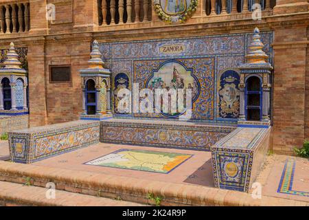 Seville, Spain - August 14, 2021: Glazed tiles bench of spanish province of Zamora at Plaza de Espana, Seville. Spain Stock Photo