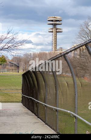 New York State Pavilion Observation Towers, Flushing-Meadows-Park, New York City during overcast winter day, vertical Stock Photo