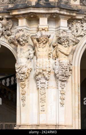 Dresden, Germany - September 23, 2020 : 18th century baroque Zwinger Palace, sculpture at the entrance to Wallpavillon Stock Photo