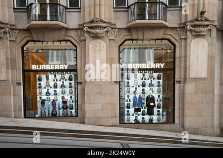 Porto, Portugal. March 2022. External view of the Burberry brand luxury shop in the city center Stock Photo
