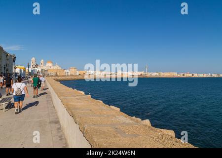 Cadiz, Spain - 16 August, 2021: panorama cityscape view of the historic city center in Cadiz, from the port, Andalusia. Spain Stock Photo
