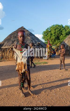 Turmi, Omo River Valley, Ethiopia - May 10, 2019: Portrait of a teenager in Hamar village. Hamars are the original tribe in southwestern Ethiopia. Sou Stock Photo