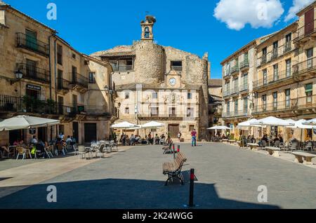 SEPULVEDA, SPAIN - SEPTEMBER 12, 2021: View of the main square with bars and terraces of the medieval town of Sepulveda, Segovia province, Castile and Stock Photo