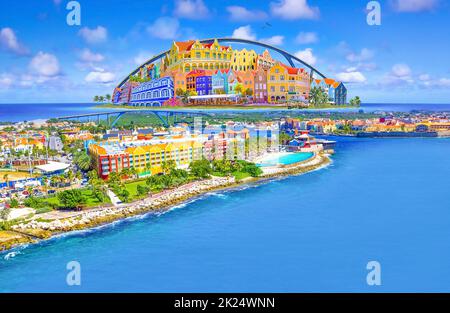 Collage with aerial panorama of Willemstad town in Curacao - The island Curacao is a tropical paradise in the Antilles in the Caribbean sea with beaut Stock Photo