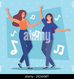 girls dancing and music notes Stock Vector