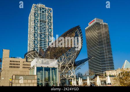 BARCELONA, SPAIN - DECEMBER 8, 2013: View of the sculpture 'Peix' (Fish in Catalan) in Barcelona, Spain, made by Frank Gehry in 1992 for the Olympic G Stock Photo