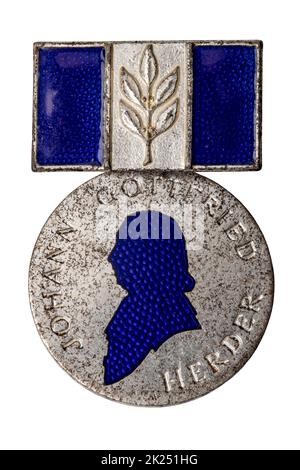 Potsdam, Germany - MAY 06, 2022. Close-up of an old medal by Johann Gottfried Herder. Ca. 1958. Poet, theologian, philosopher. Clipping path. Awarded Stock Photo