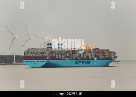 ROTTERDAM, THE NETHERLANDS - CIRCA 2017: Maersk Triple E class container ship leving the Port of Rotterdam. It's one of the largest container ships, 4 Stock Photo