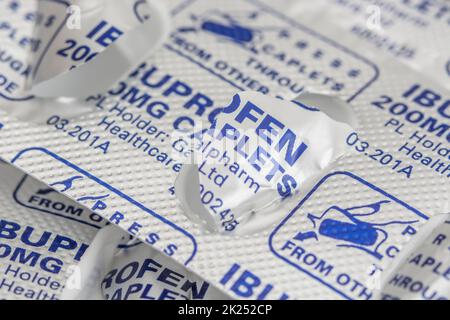 Close-up empty blister-packed pills of pain killer NSAID Ibuprofen ( Galpharm Healthcare). For drugs shortage, NHS, Big Pharma, OTC drugs. See NOTES Stock Photo