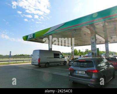 Prague, Czech Republic - May 12, 2022: MOL gas station. The company has replace Agip gas stations. Stock Photo