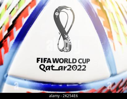 Doha, Qatar, May 2022: Close-up of Al Rihla, the official match ball of FIFA World Cup 2022 scheduled in Qatar Stock Photo