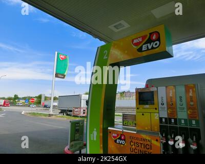 Prague, Czech Republic - May 12, 2022: MOL gas station. The company has replace Agip gas stations. Stock Photo