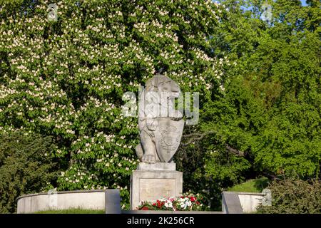 Lublin, Poland - May 23, 2022: Stone statue of lion on the Castle Square in front of Lublin Castle.The figure of a lion was recreated according to the Stock Photo
