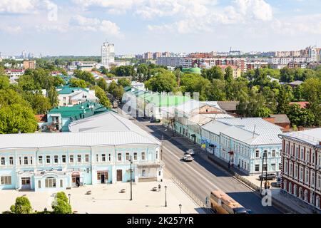 Kolomna, Russia - June 10, 2022: above view of Square of Two Revolutions and October Revolution street in Old Kolomna city on summer day from bell tow Stock Photo