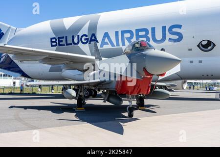 BERLIN, GERMANY - JUNE 23, 2022: Twin-engine, canard delta wing, multirole fighter Eurofighter Typhoon against the backdrop of an Airbus A300-600ST Be Stock Photo