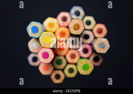 Closeup Colorfull Wooden Crayons On Black Background Stock Photo