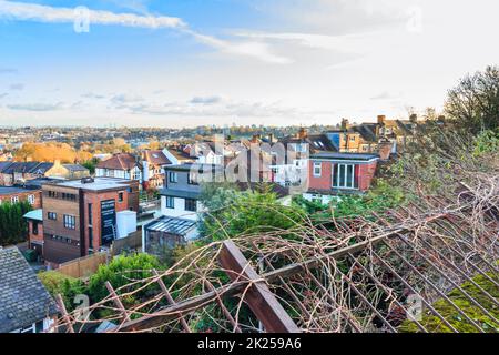 A view across London from Parkland Walk, a disused railway line, now a nature reserve, in North London, UK Stock Photo