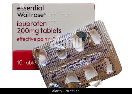 essential Waitrose ibuprofen 200mg tablets effective pain relief tablets set on white background Stock Photo