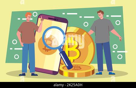 men with bitcoins in smartphone Stock Vector
