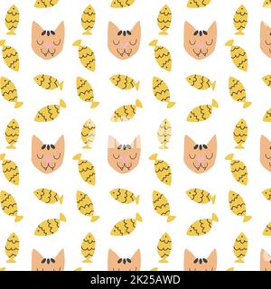 Cute cartoon cat with fishes seamless pattern. Stock Vector