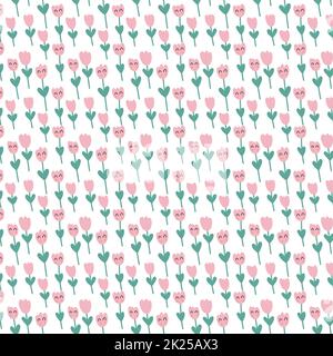Cute smiling tulip flowers seamless pattern. Stock Vector