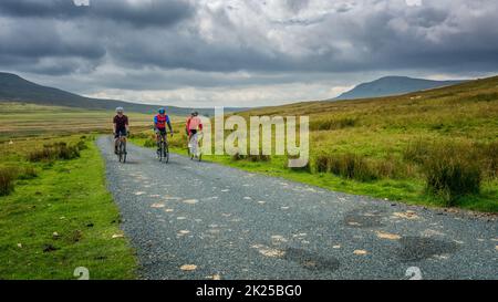 Three male cyclists socialising on bikes on a country lane near Halton Gill with views of Pen-y-ghent mountain behind, Yorkshire Dales National Park, Stock Photo