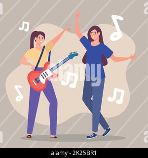 girls dancing and electric guitar Stock Vector