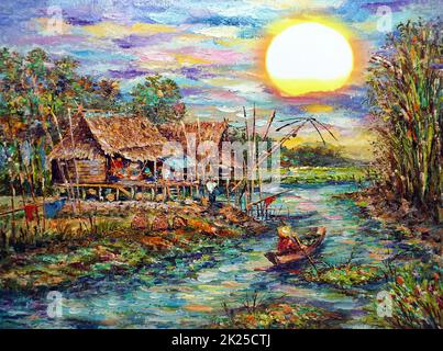 Art painting Oil color , Countryside in the provinces Thailand on canvas Stock Photo