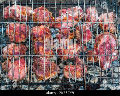 Pork steaks on an iron grill over a fire. Stock Photo