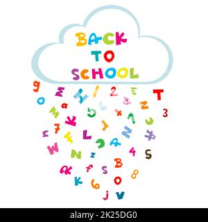 Back to school illustration with cloud and rain made of letters and numbers Stock Photo