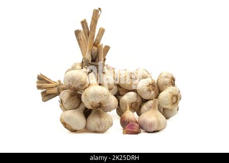 Braided garlic bulbs isolated on white background Stock Photo
