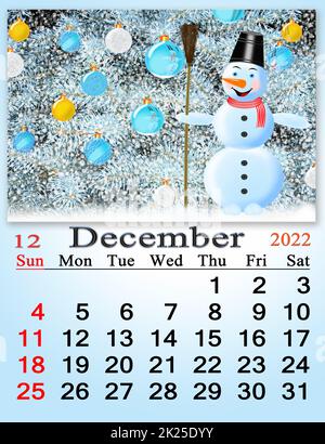 calendar for December 2022 with picture of fabulous snowman. Home planner Stock Photo