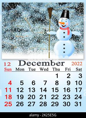 calendar for December 2022 with picture of fabulous snowman. Home planner Stock Photo