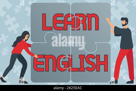 Conceptual display Learn English. Business overview Universal Language Easy Communication and Understand Colleagues Drawing Fitting Four Pieces Of Jigsaw Puzzle Together Teamwork. Stock Photo