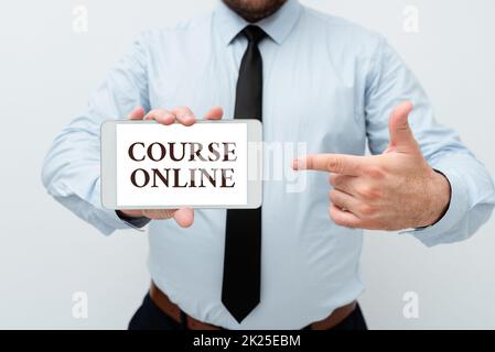 Sign displaying Course Online. Business idea eLearning Electronic Education Distant Study Digital Class Presenting New Technology Ideas Discussing Technological Improvement Stock Photo