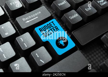 Hand writing sign Budget Buster. Conceptual photo Carefree Spending Bargains Unnecessary Purchases Overspending Compiling And Typing Online Research Materials, Sending Chat Messages Stock Photo