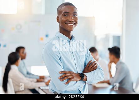 Corporate manager, meeting leader and management in training workshop with employees, working on startup company coaching and smile for success Stock Photo