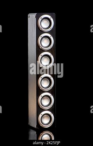 a dark speaker system stands on a black background Stock Photo