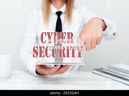 Text showing inspiration Cyber Security. Business idea Protect a computer system against unauthorized access Developer Discussing Gadget Upgrade, Presenting Technical Specs Stock Photo