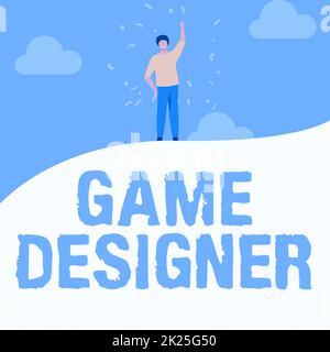 Conceptual display Game Designer. Word for Campaigner Pixel Scripting Programmers Consoles 3D Graphics Man Drawing Raising Hand Sky Standing Hill Showing Success. Stock Photo