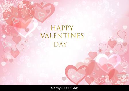 Happy Valentines day card. Abstract festive bright pink white pastel background texture with colorful love bokeh hearts and the Valentine text. Stock Photo